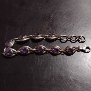 .925 Sterling Silver and Genuine Amethyst Bracelet, Made In India, Size 7.5"